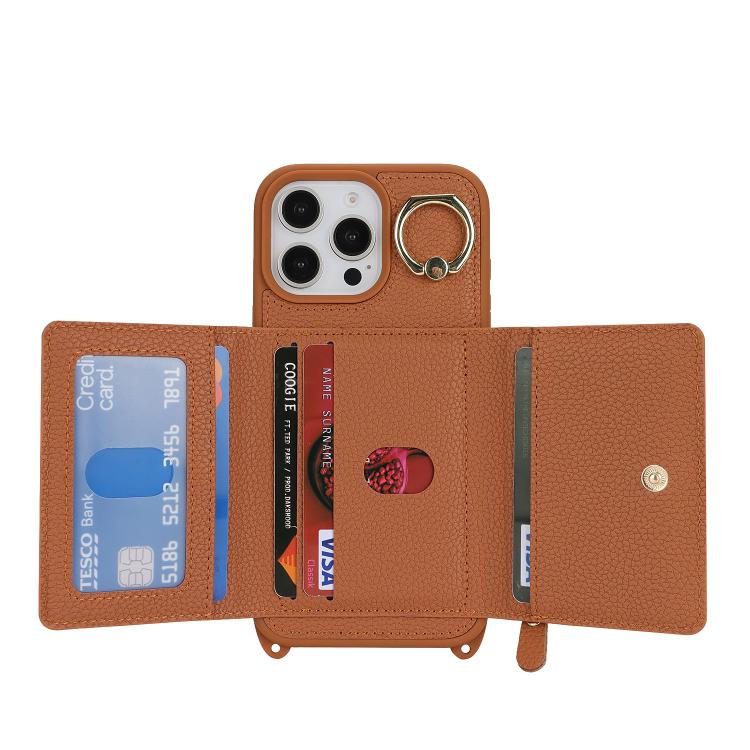 For iPhone 16 Pro Crossbody Zipper Wallet Ring Holder Litchi Leather Phone Case