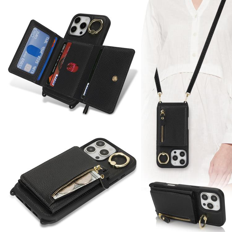 For iPhone 16 Plus Crossbody Zipper Wallet Ring Holder Litchi Leather Phone Case