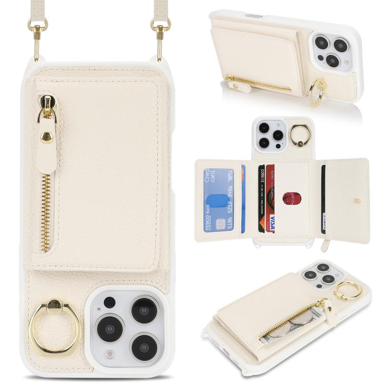 For iPhone 16 Pro Max Crossbody Zipper Wallet Ring Holder Litchi Leather Phone Case