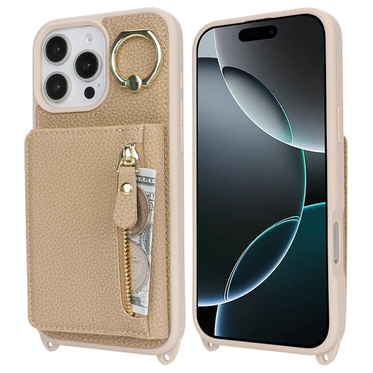 For iPhone 16 Pro Max Crossbody Zipper Wallet Ring Holder Litchi Leather Phone Case