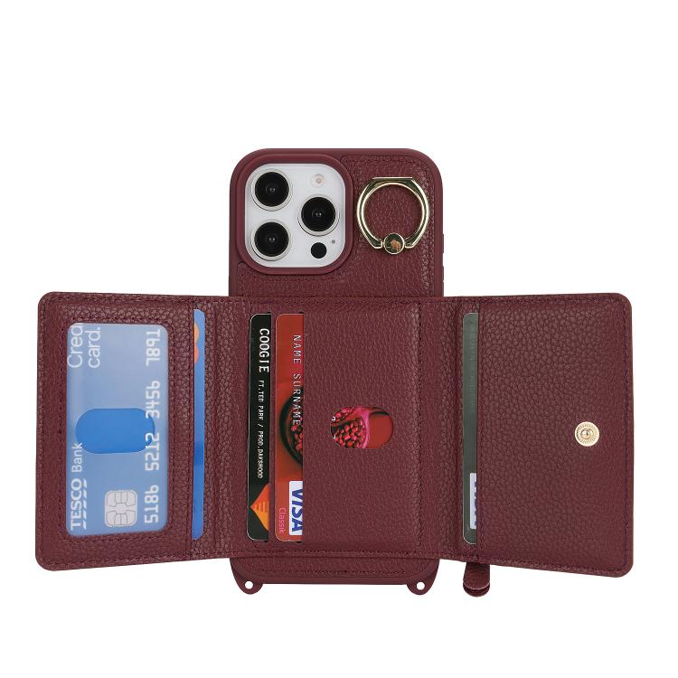For iPhone 16 Pro Max Crossbody Zipper Wallet Ring Holder Litchi Leather Phone Case
