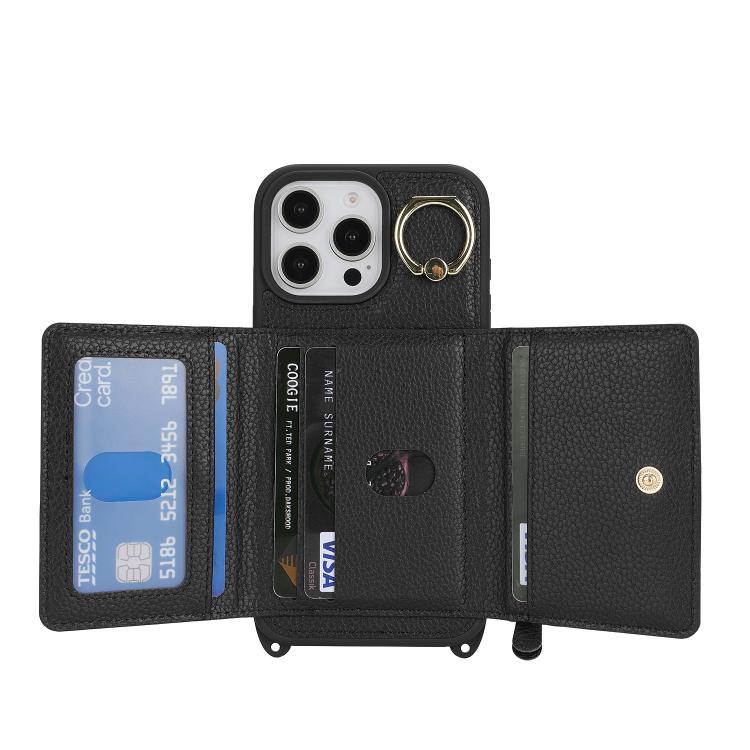 For iPhone 16 Pro Max Crossbody Zipper Wallet Ring Holder Litchi Leather Phone Case