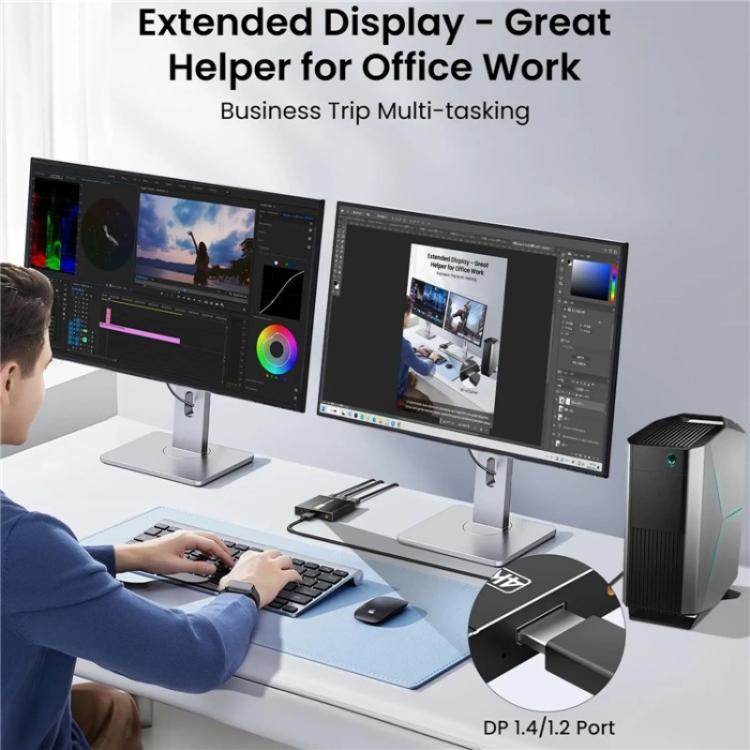 FD 1X2 4K 144HZ Audio Extractor Splitter DisplayPort 1.4 to Dual DisplayPort MST Hub, Plug:US Plug