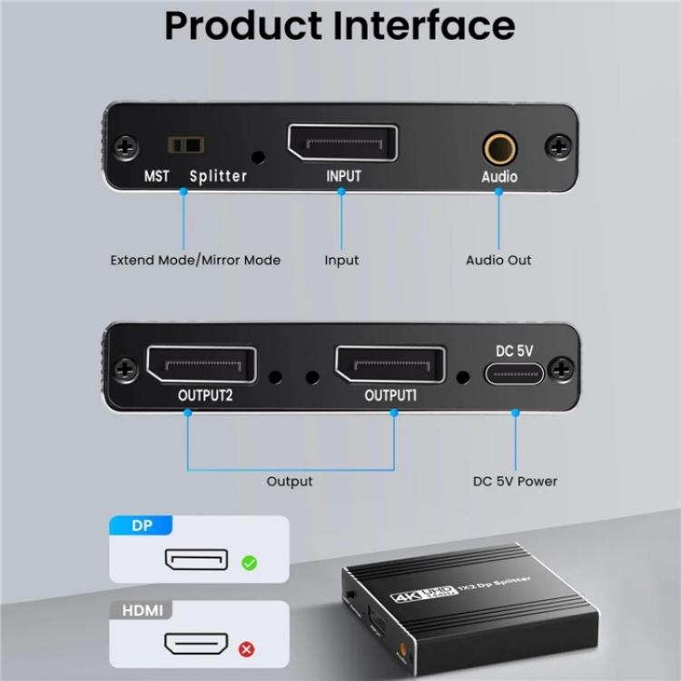 FD 1X2 4K 144HZ Audio Extractor Splitter DisplayPort 1.4 to Dual DisplayPort MST Hub, Plug:US Plug