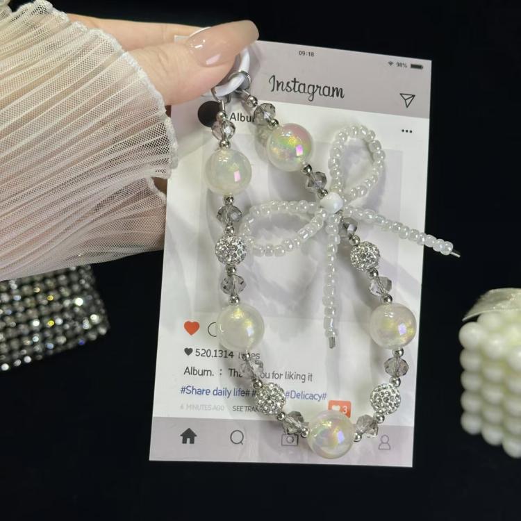 White Rhinestones Luminous Round Bead Double Chain Phone Chain - White Rhinestones