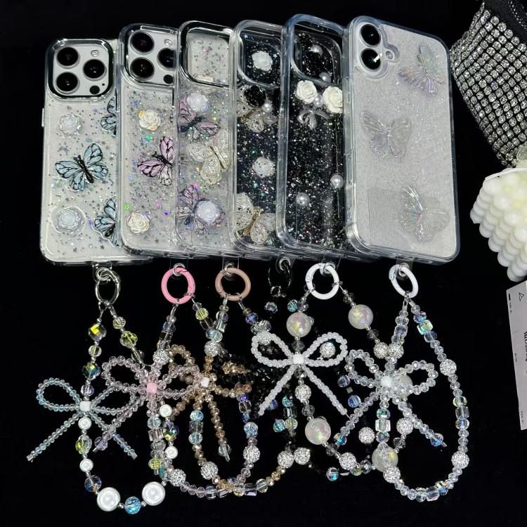 White Rhinestones Luminous Round Bead Double Chain Phone Chain - White Rhinestones