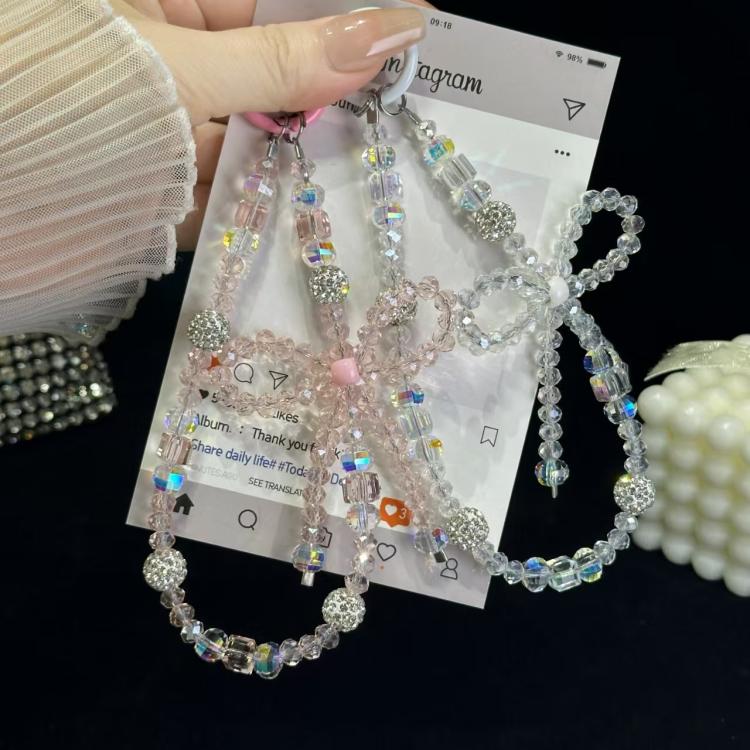 White Rhinestones Luminous Round Bead Double Chain Phone Chain - White Rhinestones