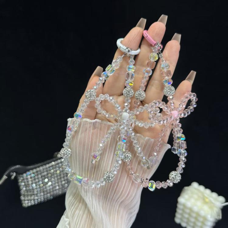 White Rhinestones Luminous Round Bead Double Chain Phone Chain - White Rhinestones