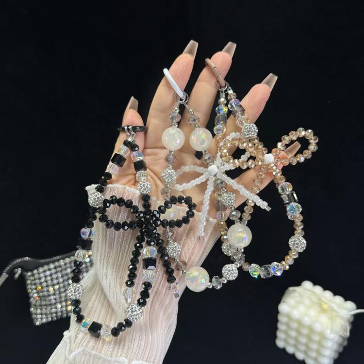 White Rhinestones Luminous Round Bead Double Chain Phone Chain - White Rhinestones
