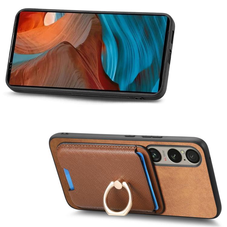 For Sony Xperia 1 VI Retro Cross Leather Ring Vertical Insert Card Bag MagSafe Phone Case