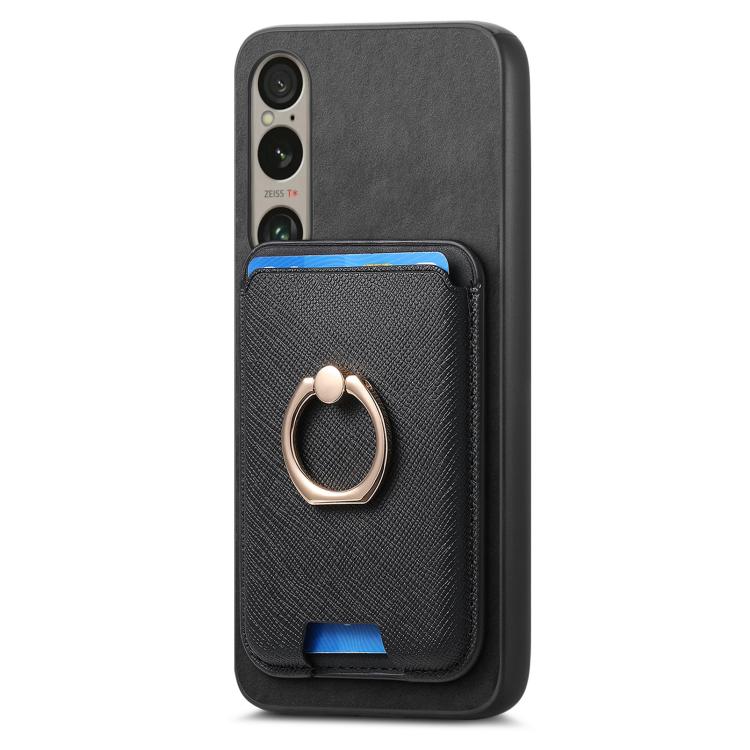 For Sony Xperia 1 VI Retro Cross Leather Ring Vertical Insert Card Bag MagSafe Phone Case