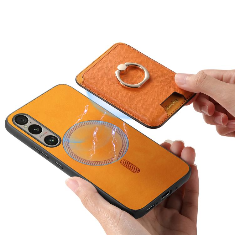 For Sony Xperia 5 V Retro Cross Leather Ring Vertical Insert Card Bag MagSafe Phone Case