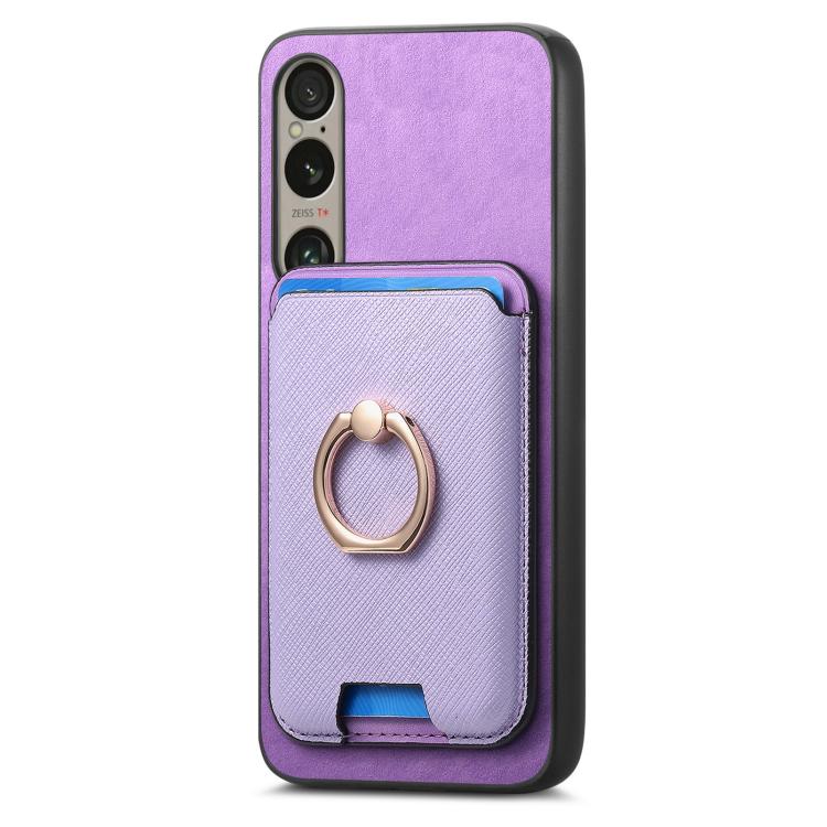 For Sony Xperia 5 V Retro Cross Leather Ring Vertical Insert Card Bag MagSafe Phone Case