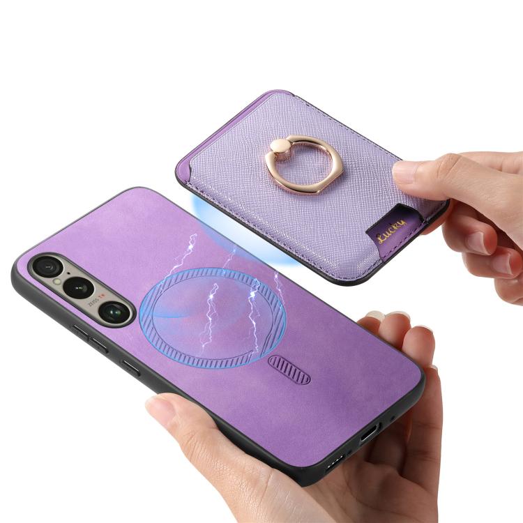 For Sony Xperia 5 V Retro Cross Leather Ring Vertical Insert Card Bag MagSafe Phone Case