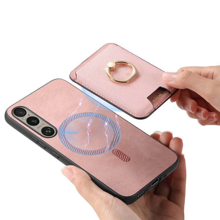 For Sony Xperia 10 V Retro Cross Leather Ring Vertical Insert Card Bag MagSafe Phone Case