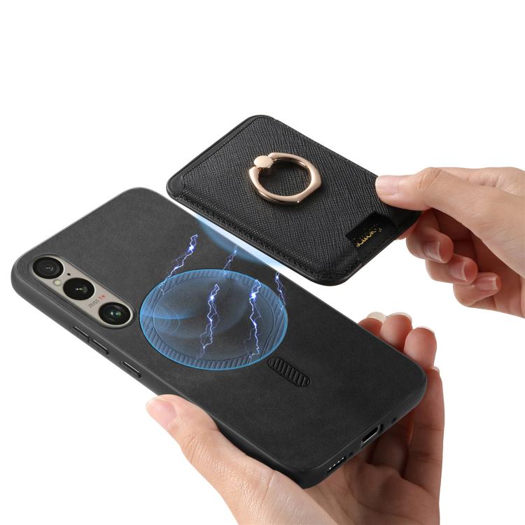 For Sony Xperia 10 V Retro Cross Leather Ring Vertical Insert Card Bag MagSafe Phone Case