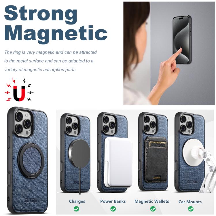 For iPhone 14 Plus Suteni G3 360 Rotation Holder MagSafe Denim Leather Back Phone Case