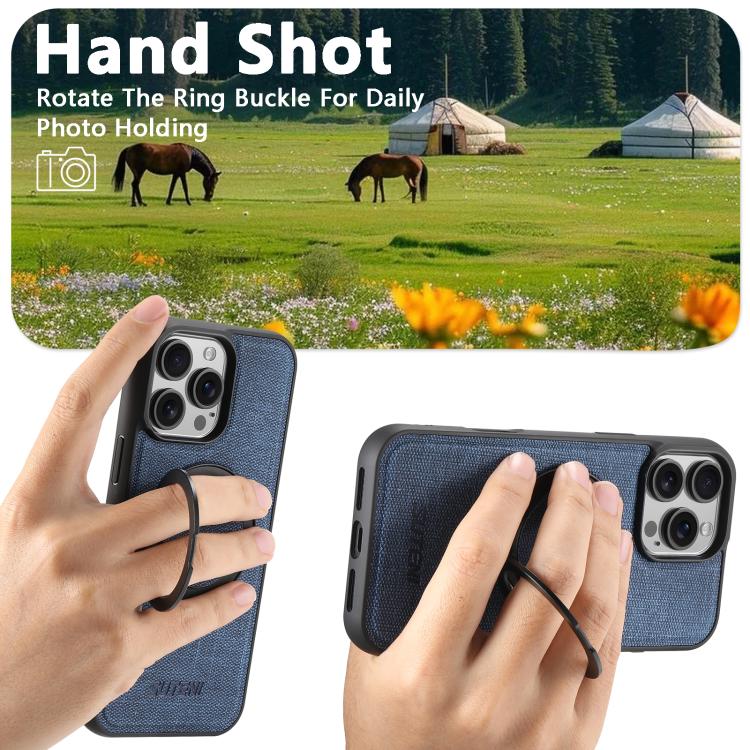 For iPhone 14 Suteni G3 360 Rotation Holder MagSafe Denim Leather Back Phone Case