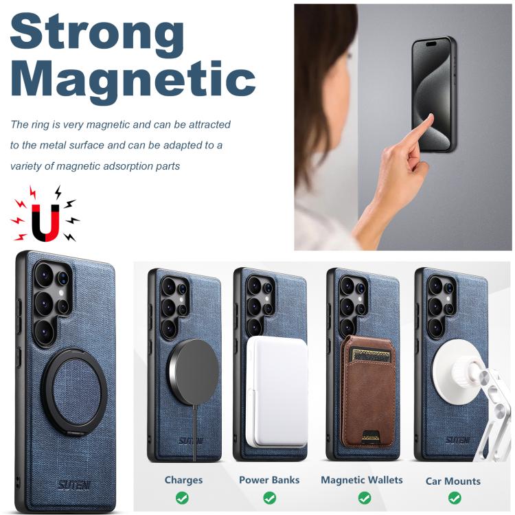 For Samsung Galaxy S23 Ultra 5G Suteni G3 360 Rotation Holder MagSafe Denim Leather Back Phone Case