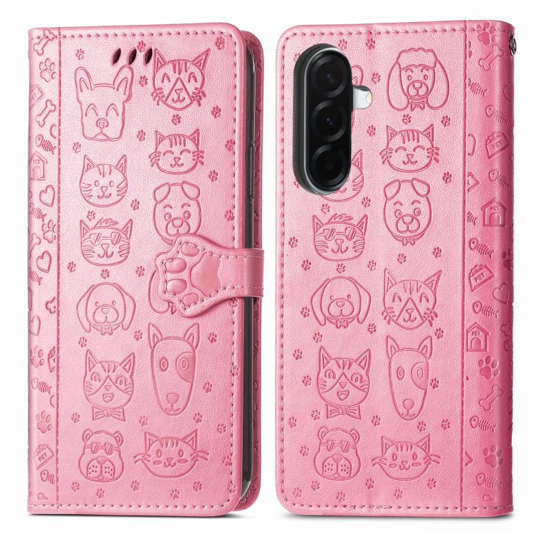 For Samsung Galaxy A56 5G Cat and Dog Embossed Leather Phone Case