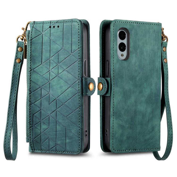 For Fujitsu Arrows We2 Plus / F-51E Geometric Zipper Wallet Side Buckle Leather Phone Case