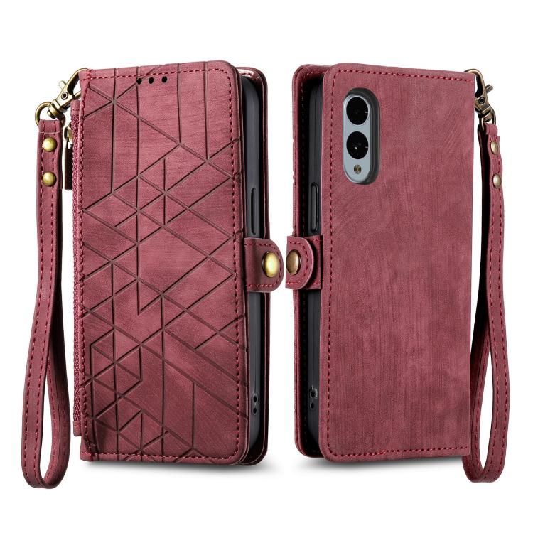 For Fujitsu Arrows We2 Plus / F-51E Geometric Zipper Wallet Side Buckle Leather Phone Case