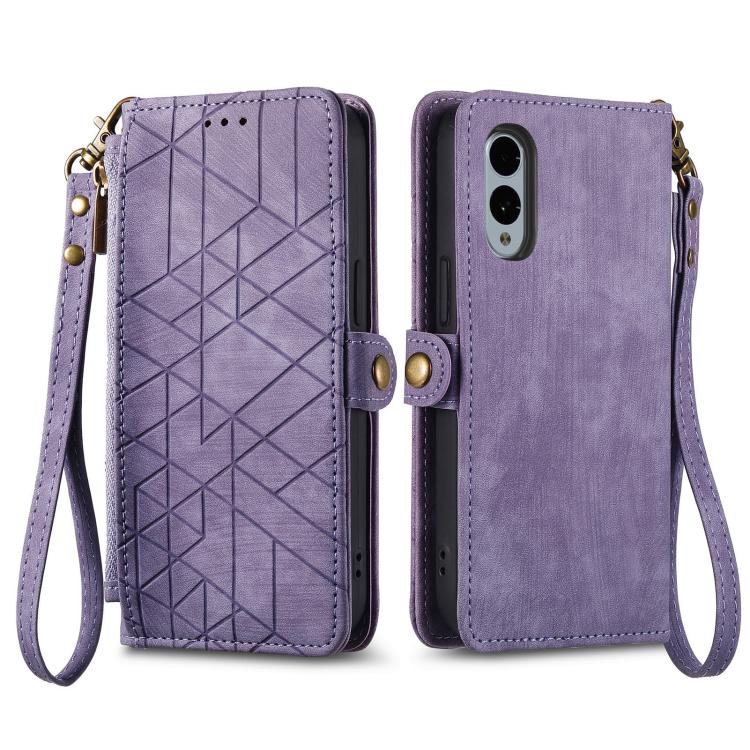 For Fujitsu Arrows We2 Plus / F-51E Geometric Zipper Wallet Side Buckle Leather Phone Case