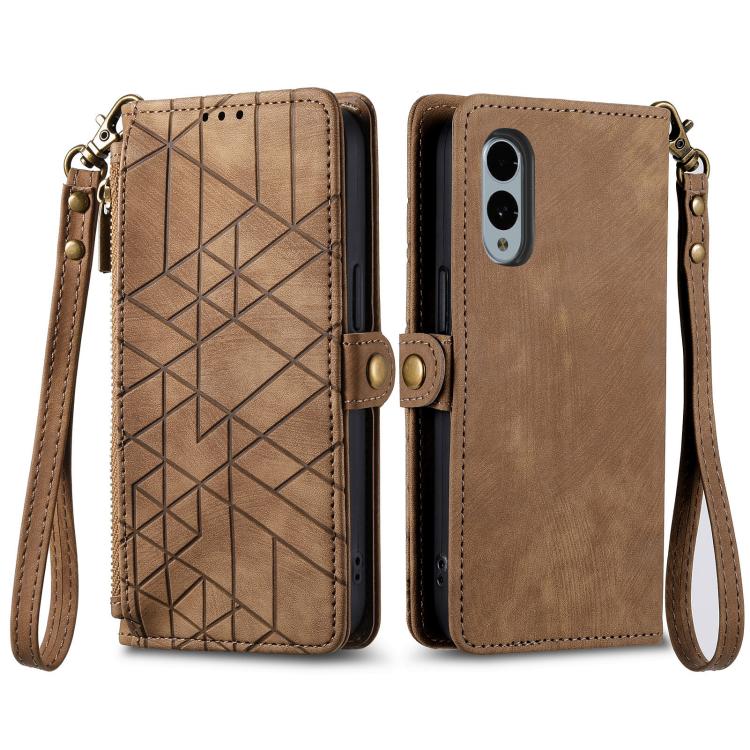 For Fujitsu Arrows We2 Plus / F-51E Geometric Zipper Wallet Side Buckle Leather Phone Case