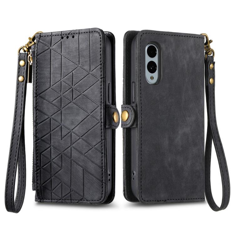 For Fujitsu Arrows We2 Plus / F-51E Geometric Zipper Wallet Side Buckle Leather Phone Case