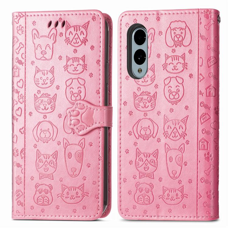 For Fujitsu Arrows We2 / F-52E Cat and Dog Embossed Leather Phone Case