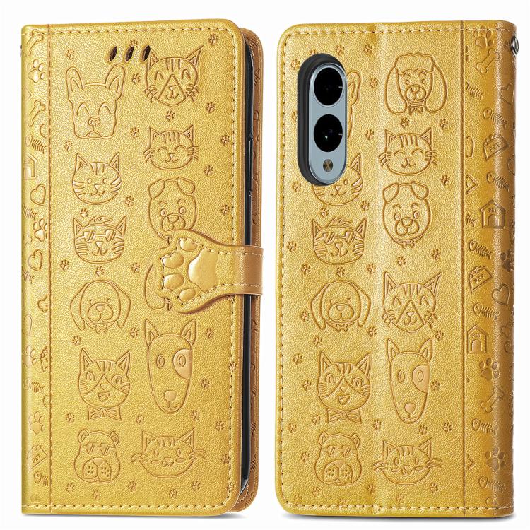 For Fujitsu Arrows We2 / F-52E Cat and Dog Embossed Leather Phone Case