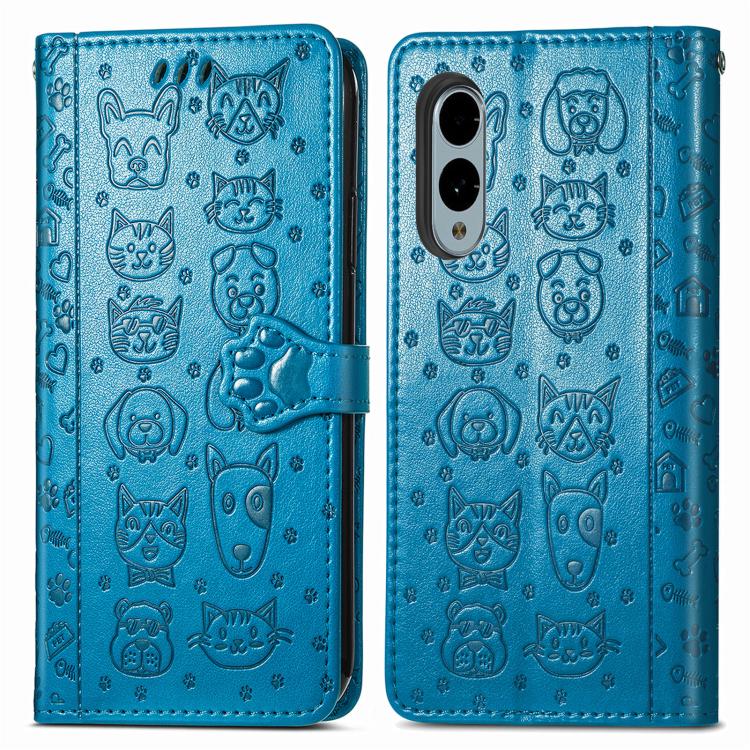 For Fujitsu Arrows We2 Plus / F-51E Cat and Dog Embossed Leather Phone Case