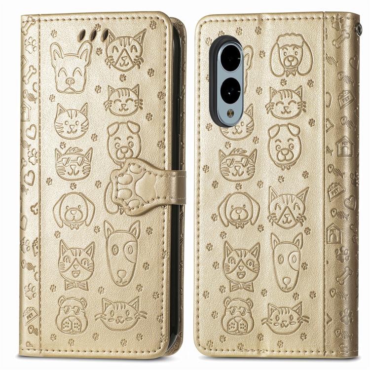 For Fujitsu Arrows We2 Plus / F-51E Cat and Dog Embossed Leather Phone Case