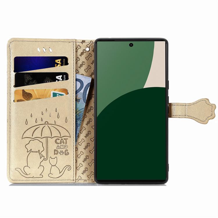 For Fujitsu Arrows We2 Plus / F-51E Cat and Dog Embossed Leather Phone Case