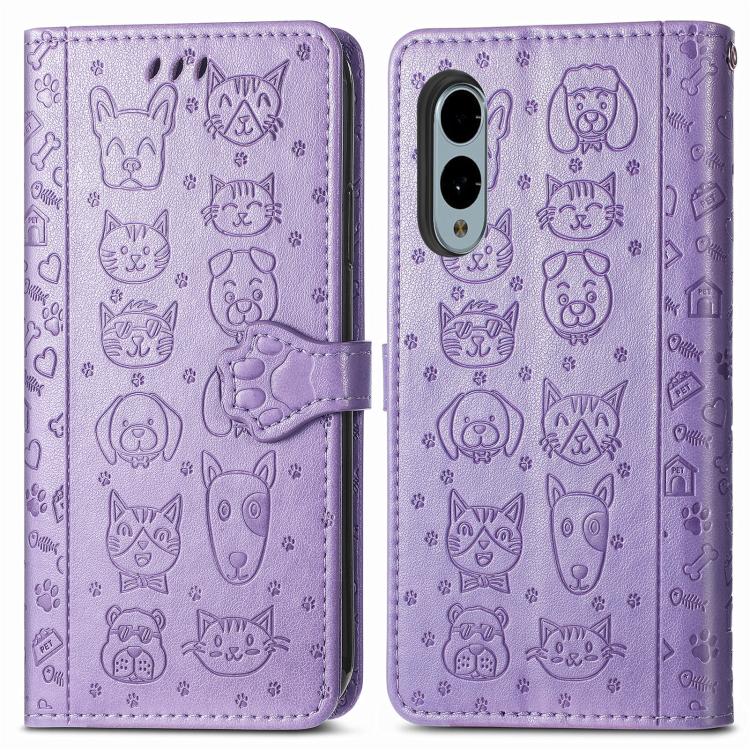 For Fujitsu Arrows We2 Plus / F-51E Cat and Dog Embossed Leather Phone Case
