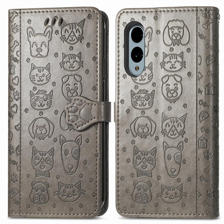 For Fujitsu Arrows We2 Plus / F-51E Cat and Dog Embossed Leather Phone Case