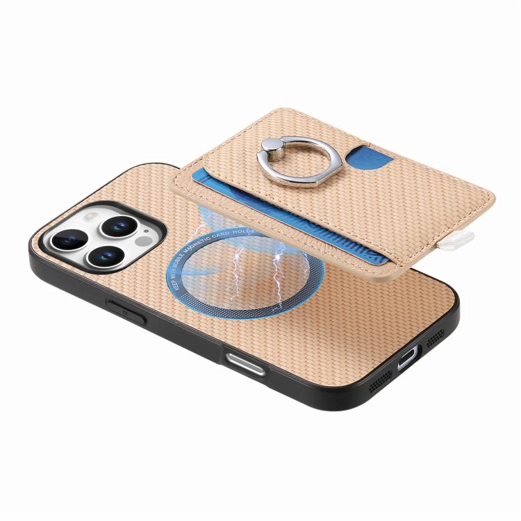 For iPhone 16 Pro Max Carbon Fiber Ring Side Insert Card Bag MagSafe Phone Case
