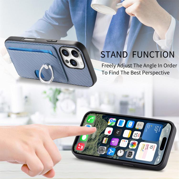 For iPhone 16 Pro Carbon Fiber Ring Side Insert Card Bag MagSafe Phone Case