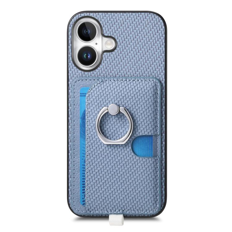 For iPhone 16 Plus Carbon Fiber Ring Side Insert Card Bag MagSafe Phone Case