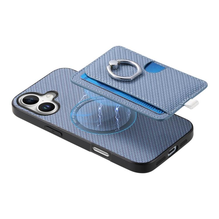For iPhone 16 Plus Carbon Fiber Ring Side Insert Card Bag MagSafe Phone Case