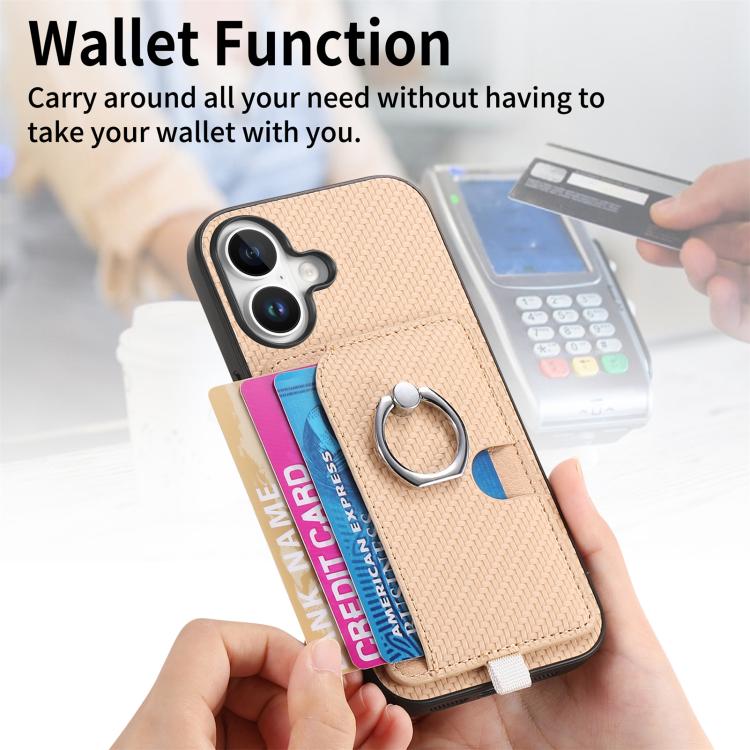 For iPhone 16 Plus Carbon Fiber Ring Side Insert Card Bag MagSafe Phone Case