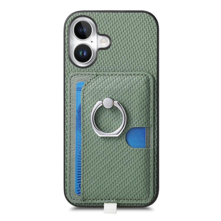 For iPhone 16 Plus Carbon Fiber Ring Side Insert Card Bag MagSafe Phone Case