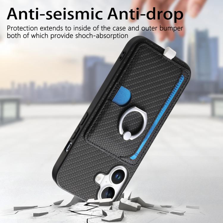 For iPhone 16 Carbon Fiber Ring Side Insert Card Bag MagSafe Phone Case
