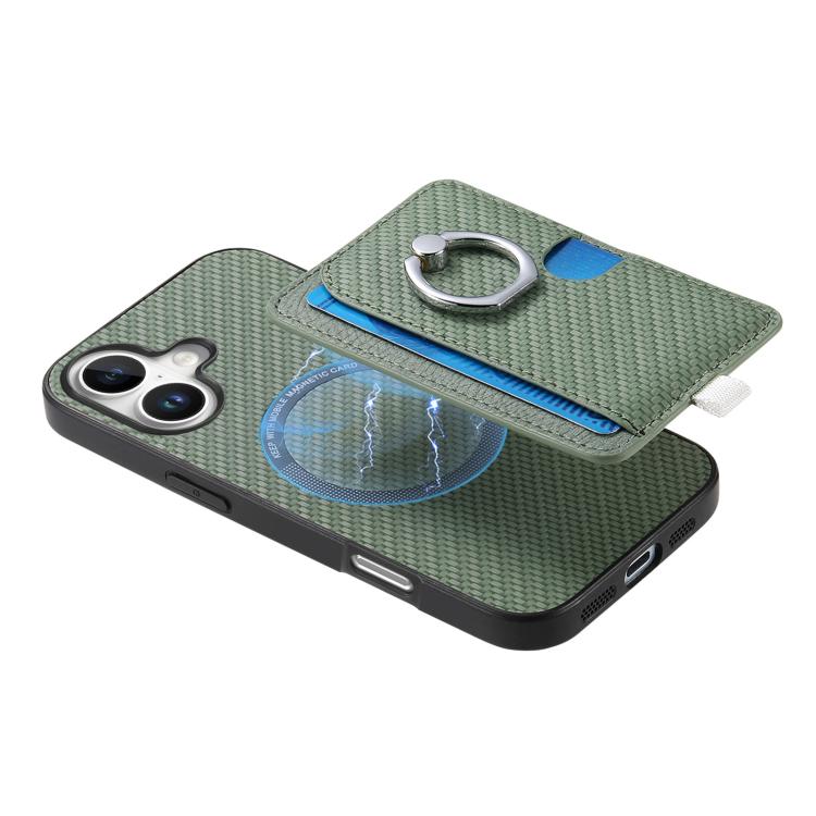 For iPhone 16 Carbon Fiber Ring Side Insert Card Bag MagSafe Phone Case