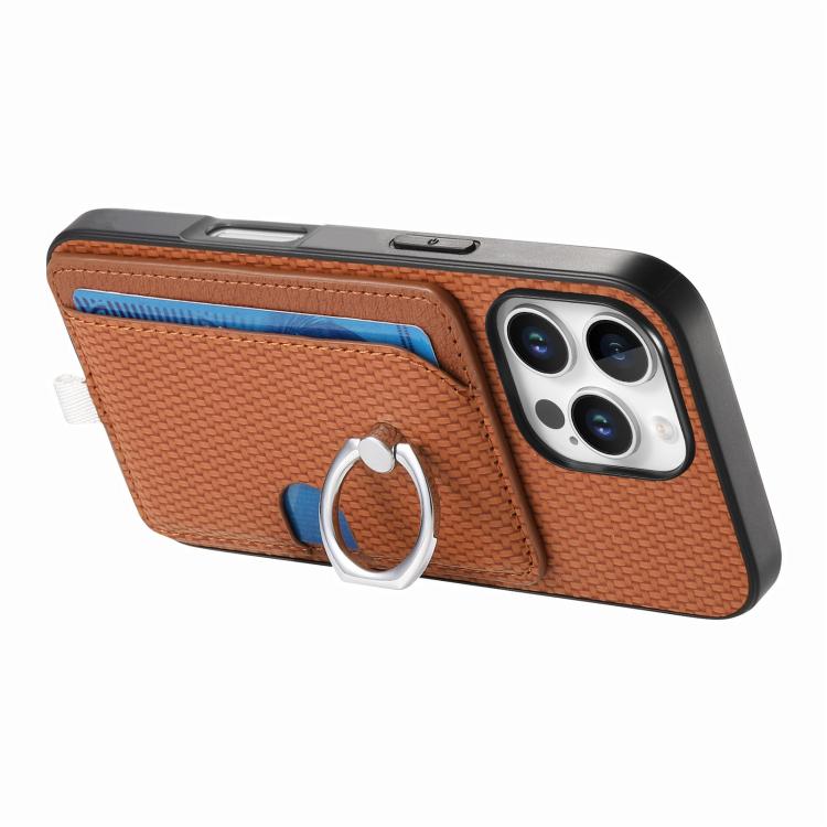 For iPhone 15 Pro Max Carbon Fiber Ring Side Insert Card Bag MagSafe Phone Case