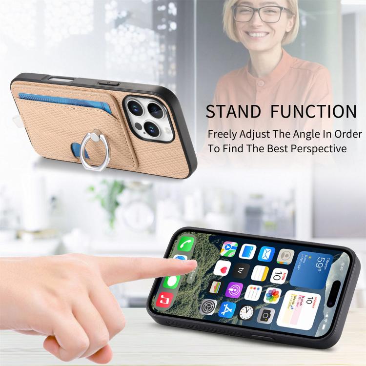 For iPhone 15 Pro Carbon Fiber Ring Side Insert Card Bag MagSafe Phone Case
