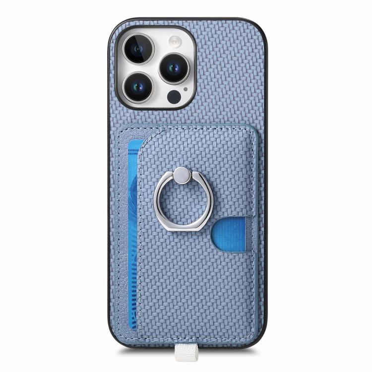 For iPhone 15 Carbon Fiber Ring Side Insert Card Bag MagSafe Phone Case