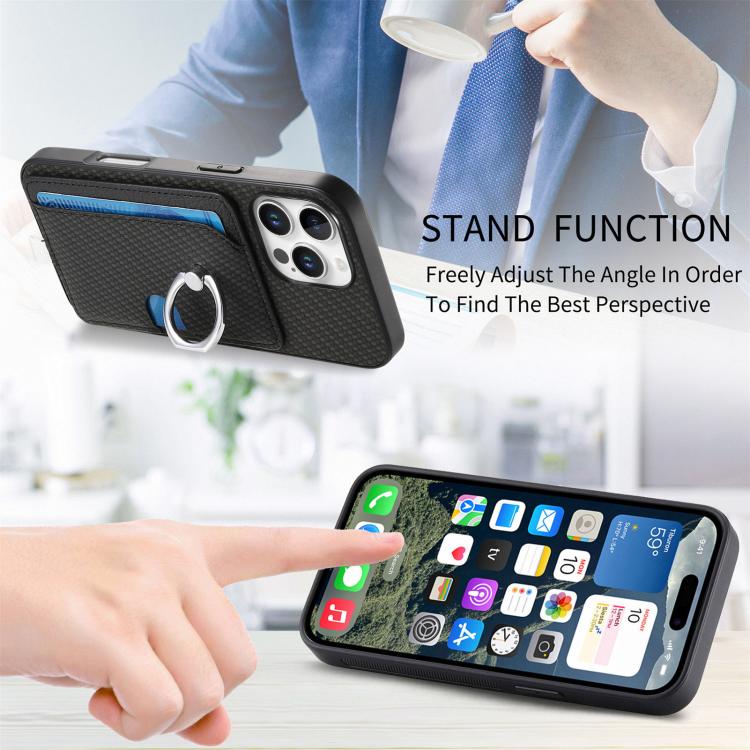For iPhone 15 Carbon Fiber Ring Side Insert Card Bag MagSafe Phone Case