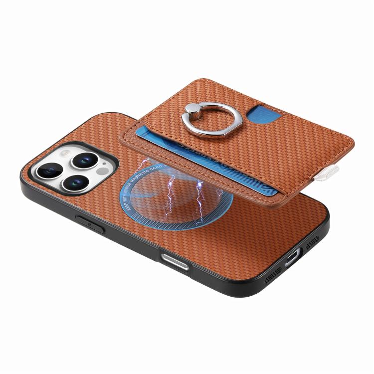 For iPhone 15 Carbon Fiber Ring Side Insert Card Bag MagSafe Phone Case