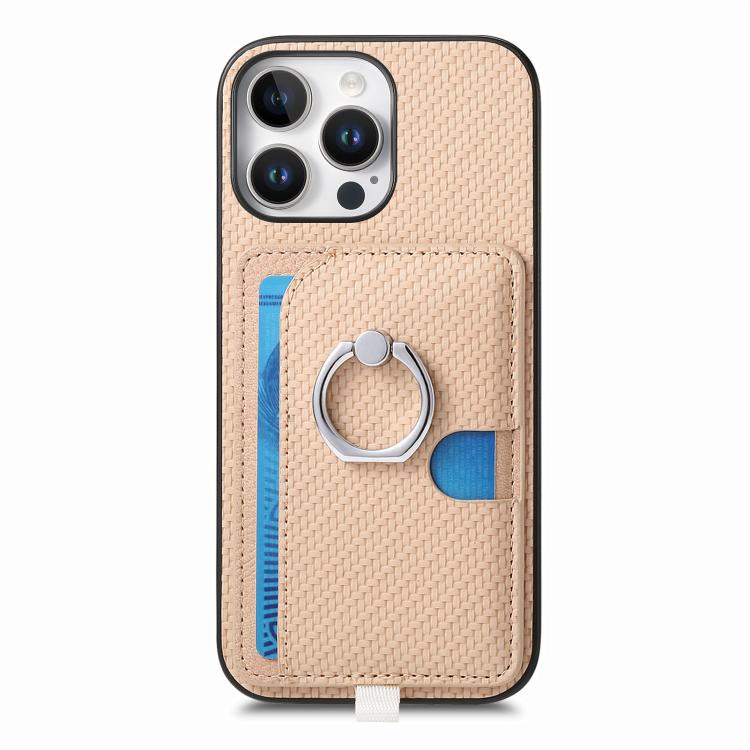 For iPhone 15 Carbon Fiber Ring Side Insert Card Bag MagSafe Phone Case
